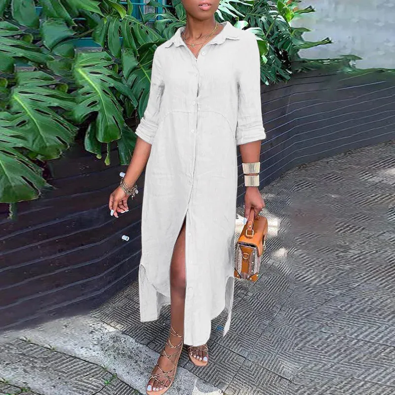DressBetty - 2024 Vintage Solid Tunicas Lapel Button Up Boho Maxi Dress