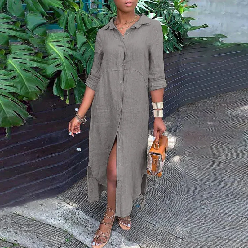 DressBetty - 2024 Vintage Solid Tunicas Lapel Button Up Boho Maxi Dress