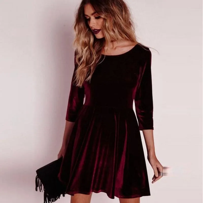 DressBetty - Women Swing Hem Velvet Long Sleeve Slim Dress