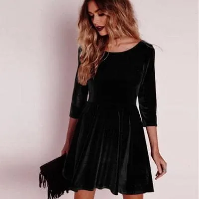 DressBetty - Women Swing Hem Velvet Long Sleeve Slim Dress