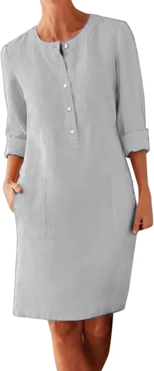 Dresses for Women 2024 Casual Cotton Linen Midi Dress with Pockets Button Down Crew Neck Long Sleeve Summer Dress