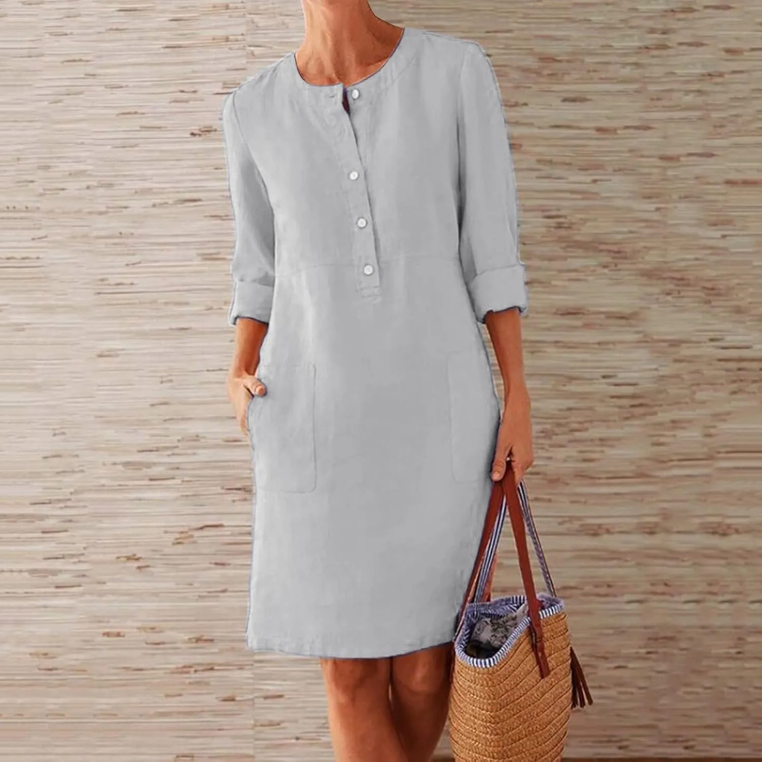 Dresses for Women 2024 Casual Cotton Linen Midi Dress with Pockets Button Down Crew Neck Long Sleeve Summer Dress