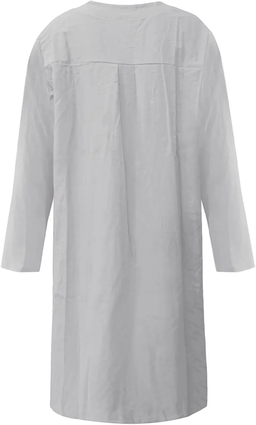 Dresses for Women 2024 Casual Cotton Linen Midi Dress with Pockets Button Down Crew Neck Long Sleeve Summer Dress