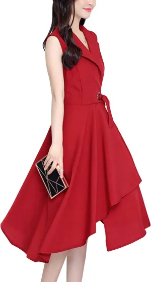 ebossy Women's Lapel Collar Sleeveless Fit and Flare Cotton Linen Tie Waist Wrap Midi Dress