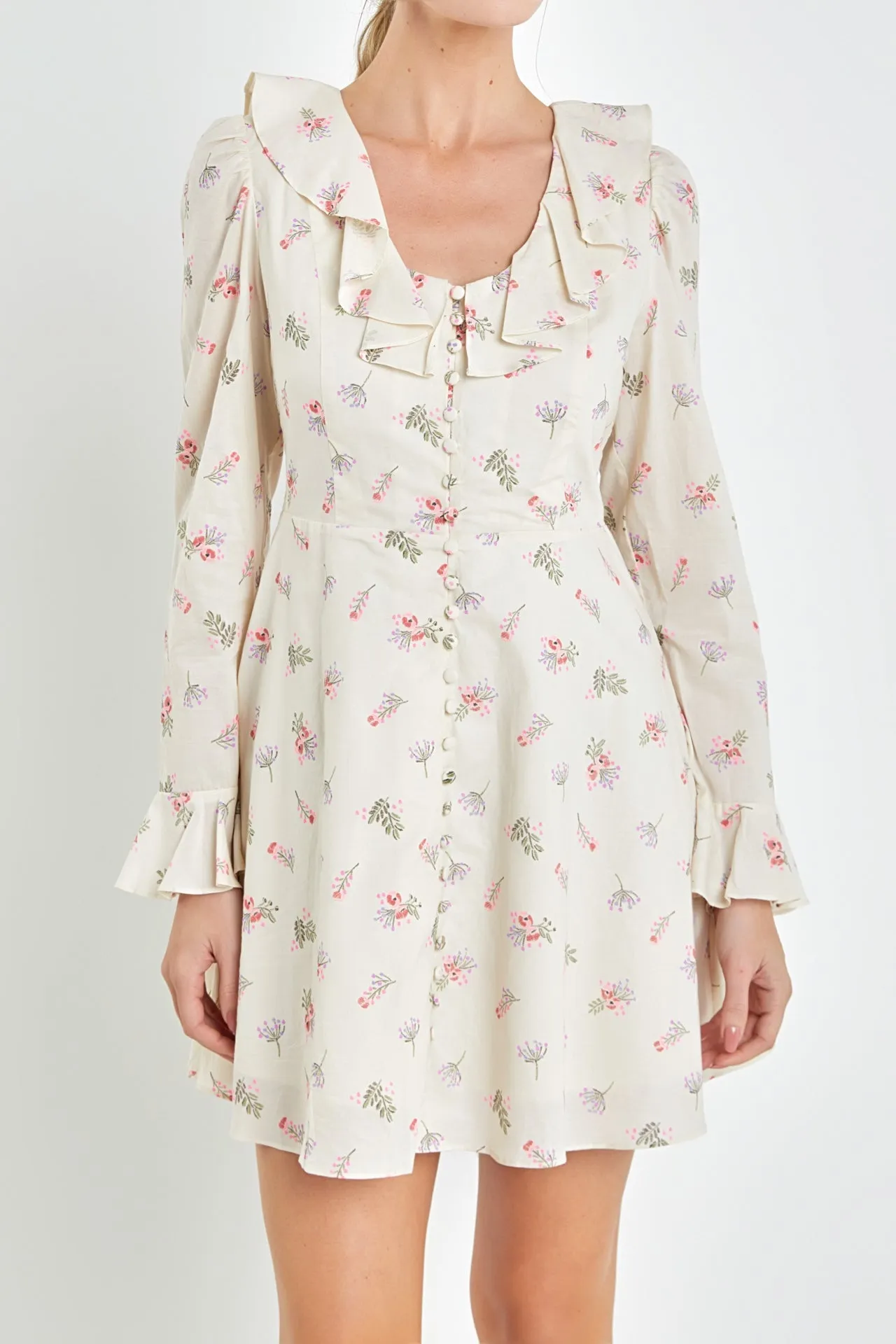 English Factory - Floral Ruffled Neck Mini Dress