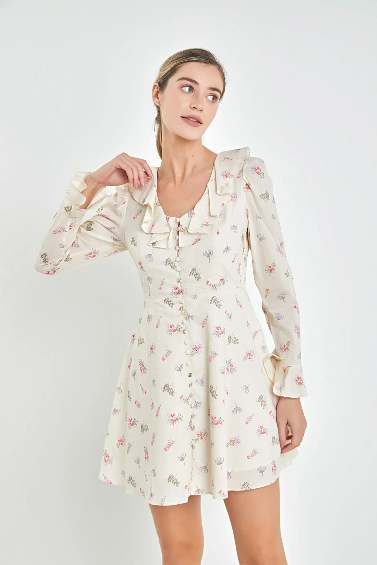 English Factory - Floral Ruffled Neck Mini Dress
