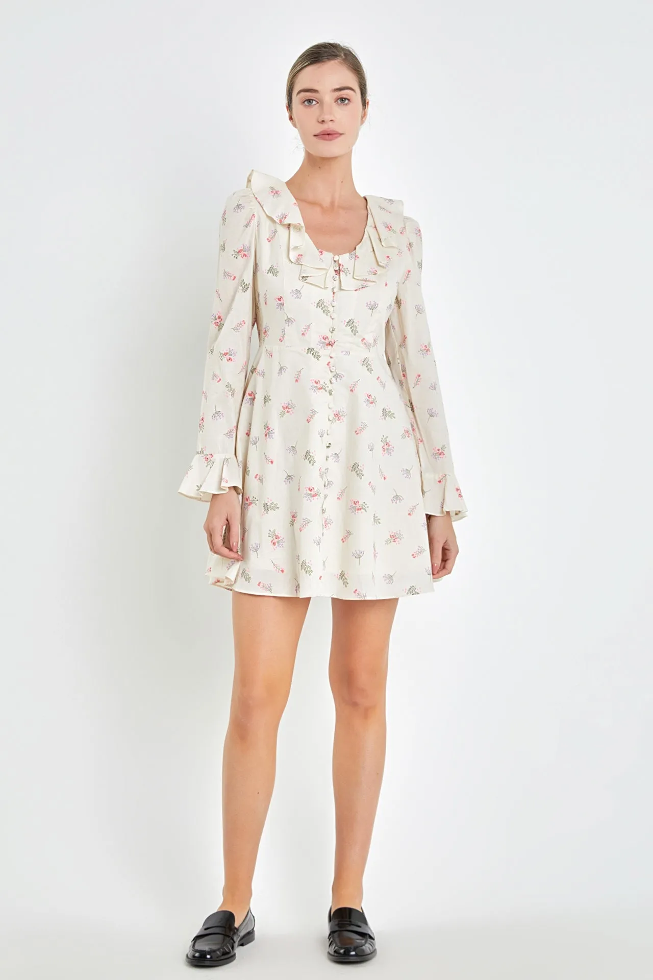 English Factory - Floral Ruffled Neck Mini Dress