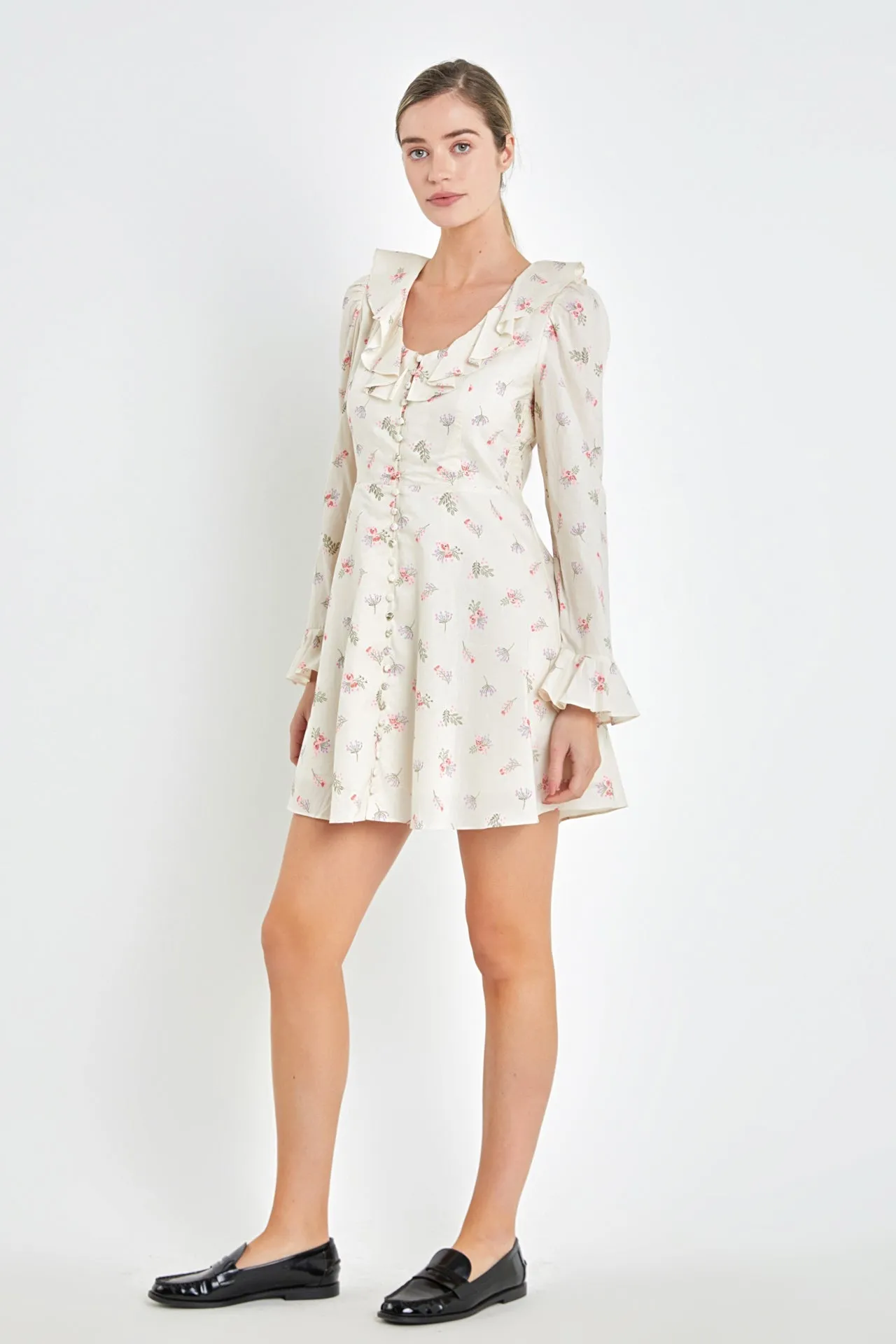 English Factory - Floral Ruffled Neck Mini Dress