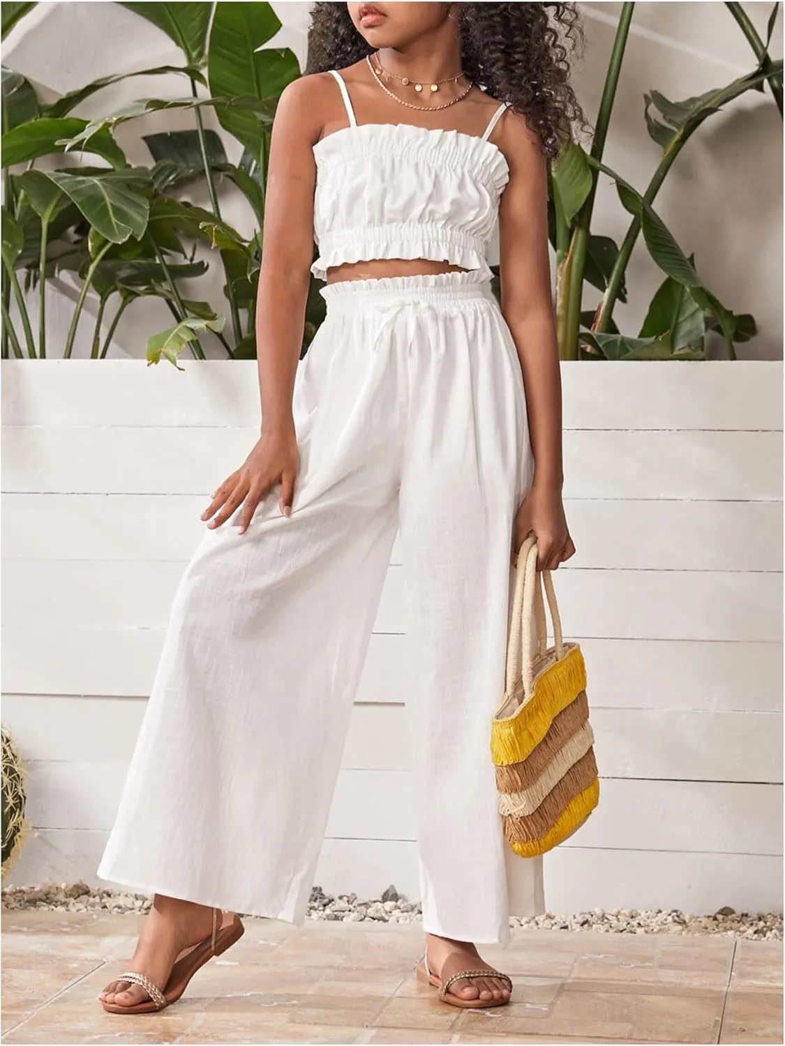 Floerns Girl's 2 Piece Set Ruffle Trim Cami Tops with Paperbag Waist Wide Leg Pants
