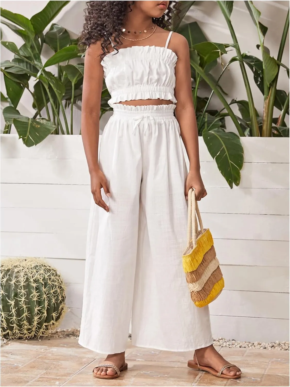 Floerns Girl's 2 Piece Set Ruffle Trim Cami Tops with Paperbag Waist Wide Leg Pants