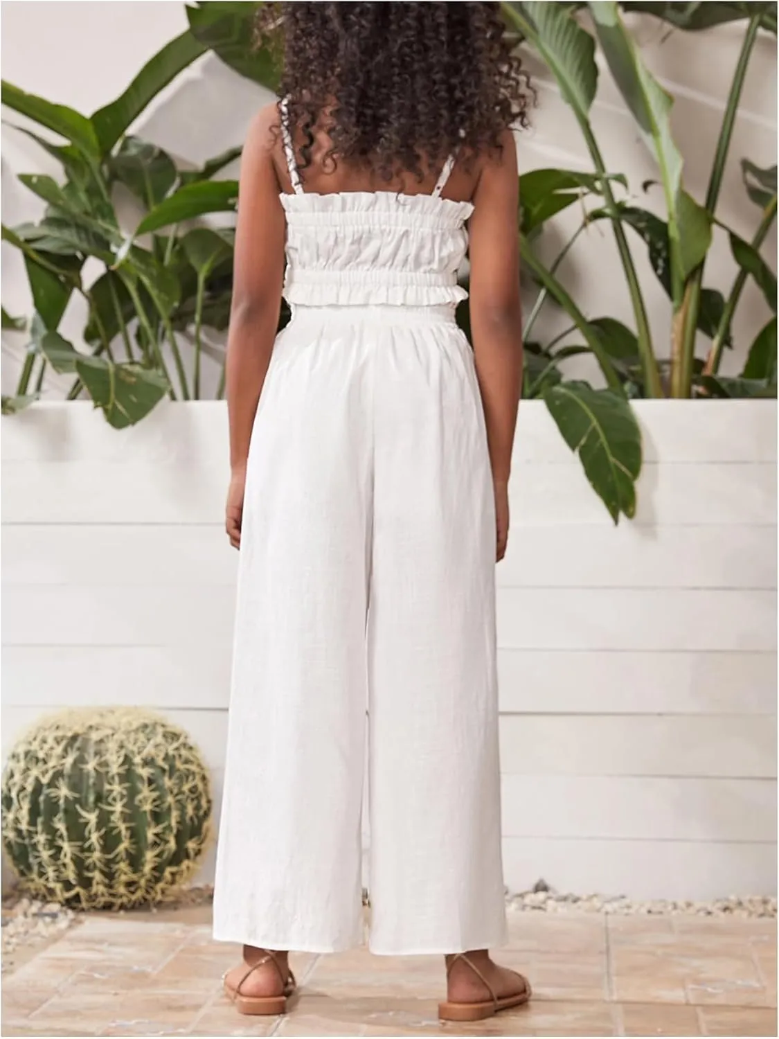 Floerns Girl's 2 Piece Set Ruffle Trim Cami Tops with Paperbag Waist Wide Leg Pants