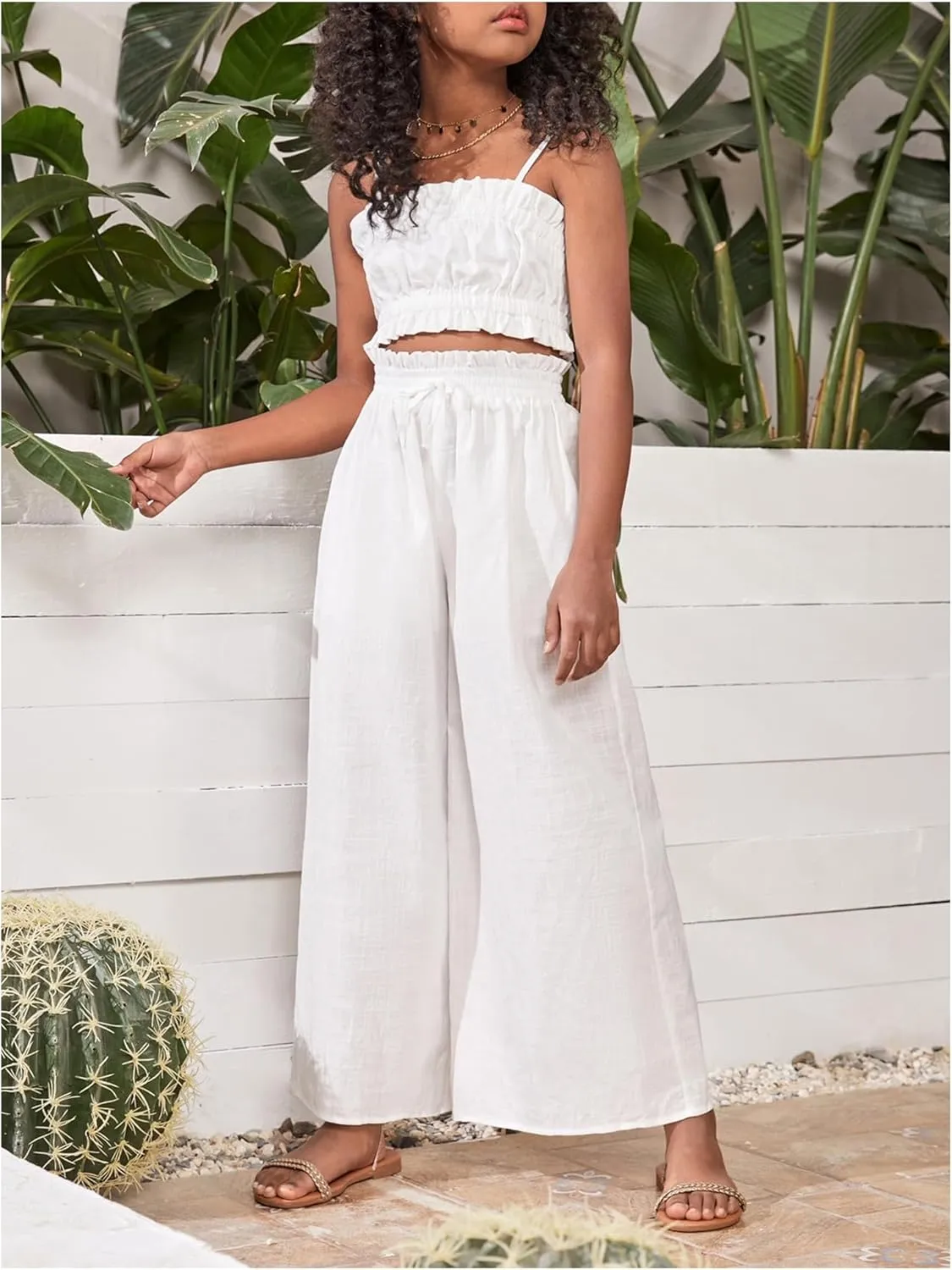 Floerns Girl's 2 Piece Set Ruffle Trim Cami Tops with Paperbag Waist Wide Leg Pants