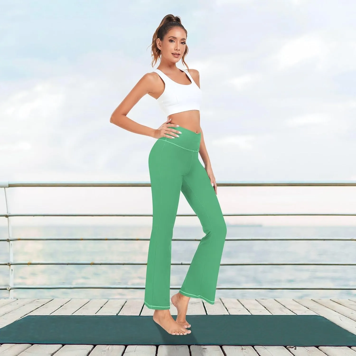Grass Green Flare Legged Yoga Pants, High Waisted Tummy Control Yoga Pants, Fit and Flare Pants