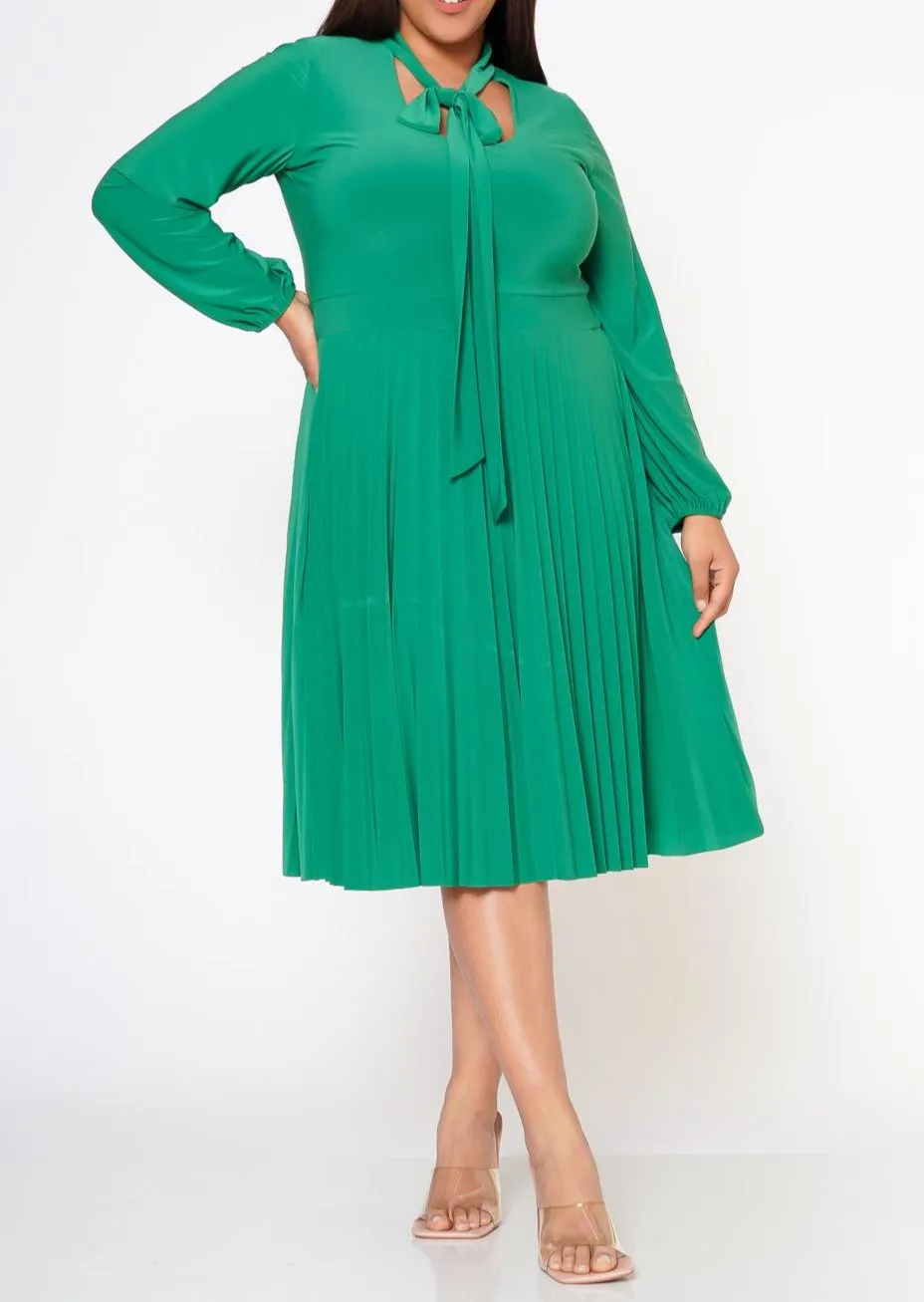 Hi Curvy Plus Size Bow Collar Pleated Fit & Flare Dress