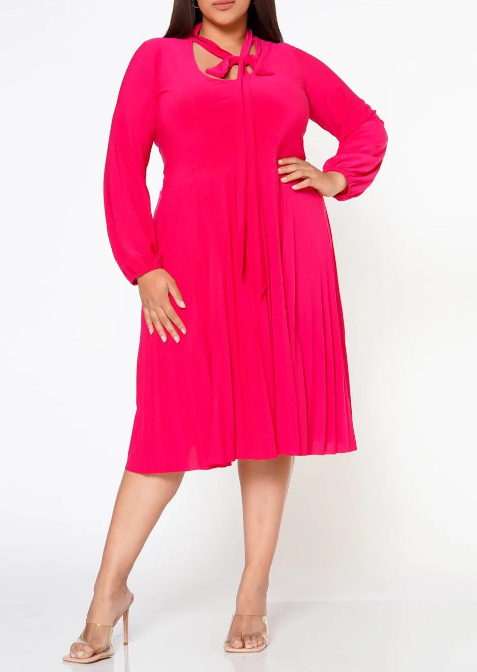 Hi Curvy Plus Size Bow Collar Pleated Fit & Flare Dress