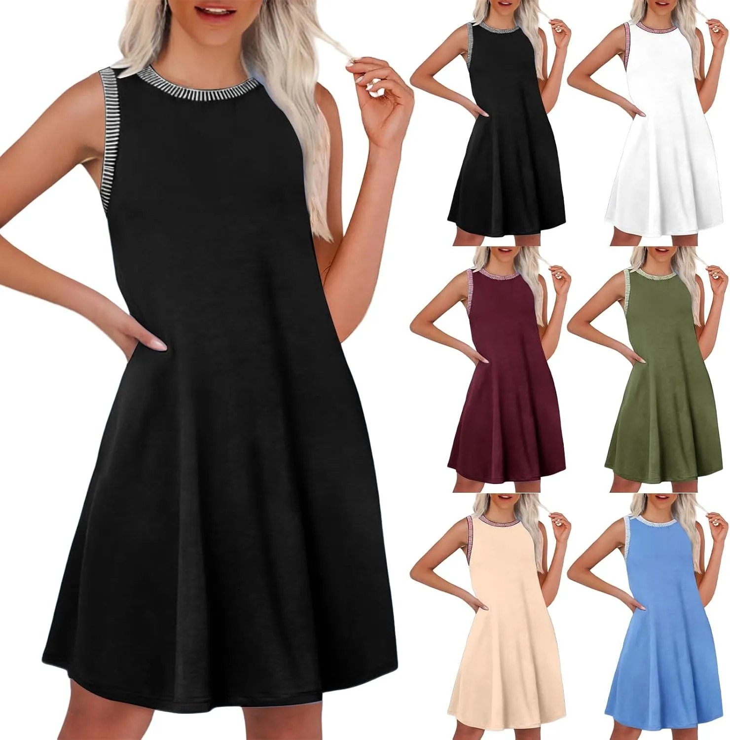 Kubbon Womens Summer Dresses A-Line Sleeveless Boat Neck Mini Dress Casual Loose Sundress Beach Vacation Tank Dresses