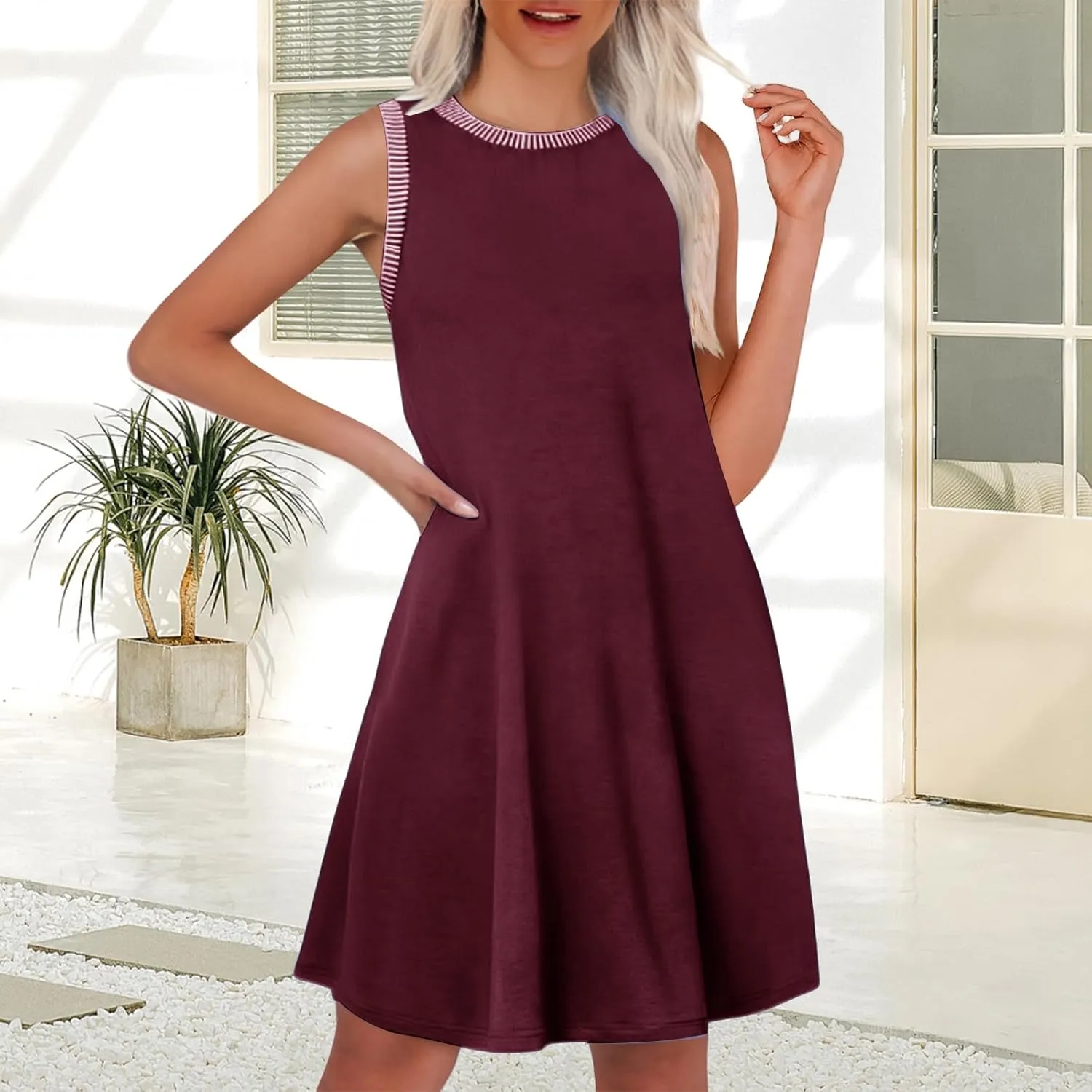 Kubbon Womens Summer Dresses A-Line Sleeveless Boat Neck Mini Dress Casual Loose Sundress Beach Vacation Tank Dresses