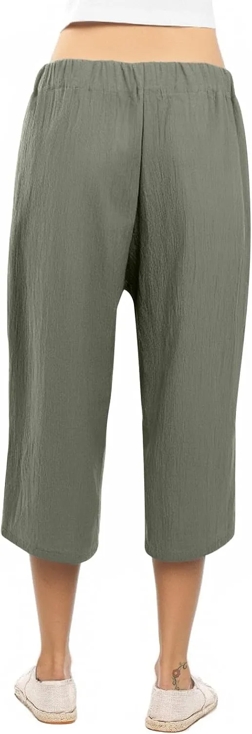 Linen Capris for Women Plus Size Paperbag High Waisted Crop Wide Leg Pants with Tie Summer Gaucho Pants Beach Outfits