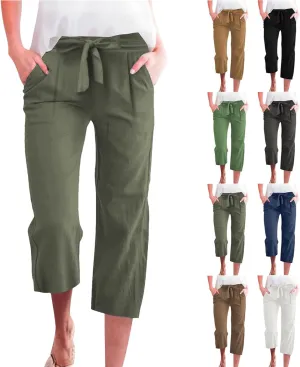 Linen Capris for Women Plus Size Paperbag High Waisted Crop Wide Leg Pants with Tie Summer Gaucho Pants Beach Outfits