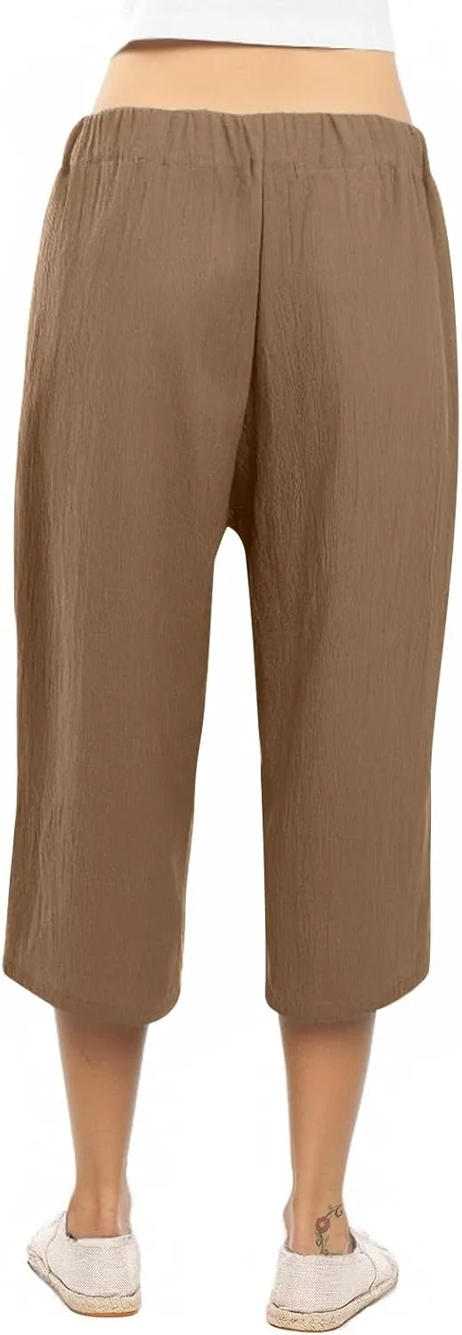 Linen Capris for Women Plus Size Paperbag High Waisted Crop Wide Leg Pants with Tie Summer Gaucho Pants Beach Outfits
