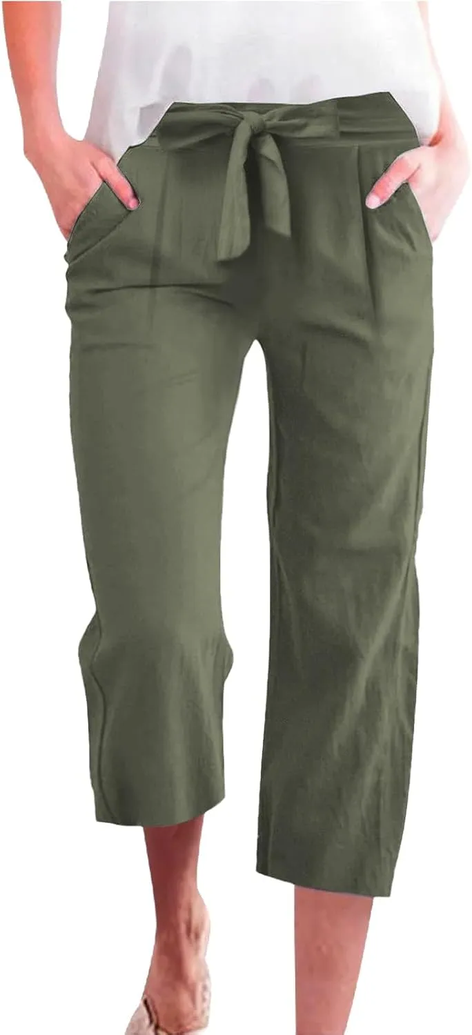 Linen Capris for Women Plus Size Paperbag High Waisted Crop Wide Leg Pants with Tie Summer Gaucho Pants Beach Outfits