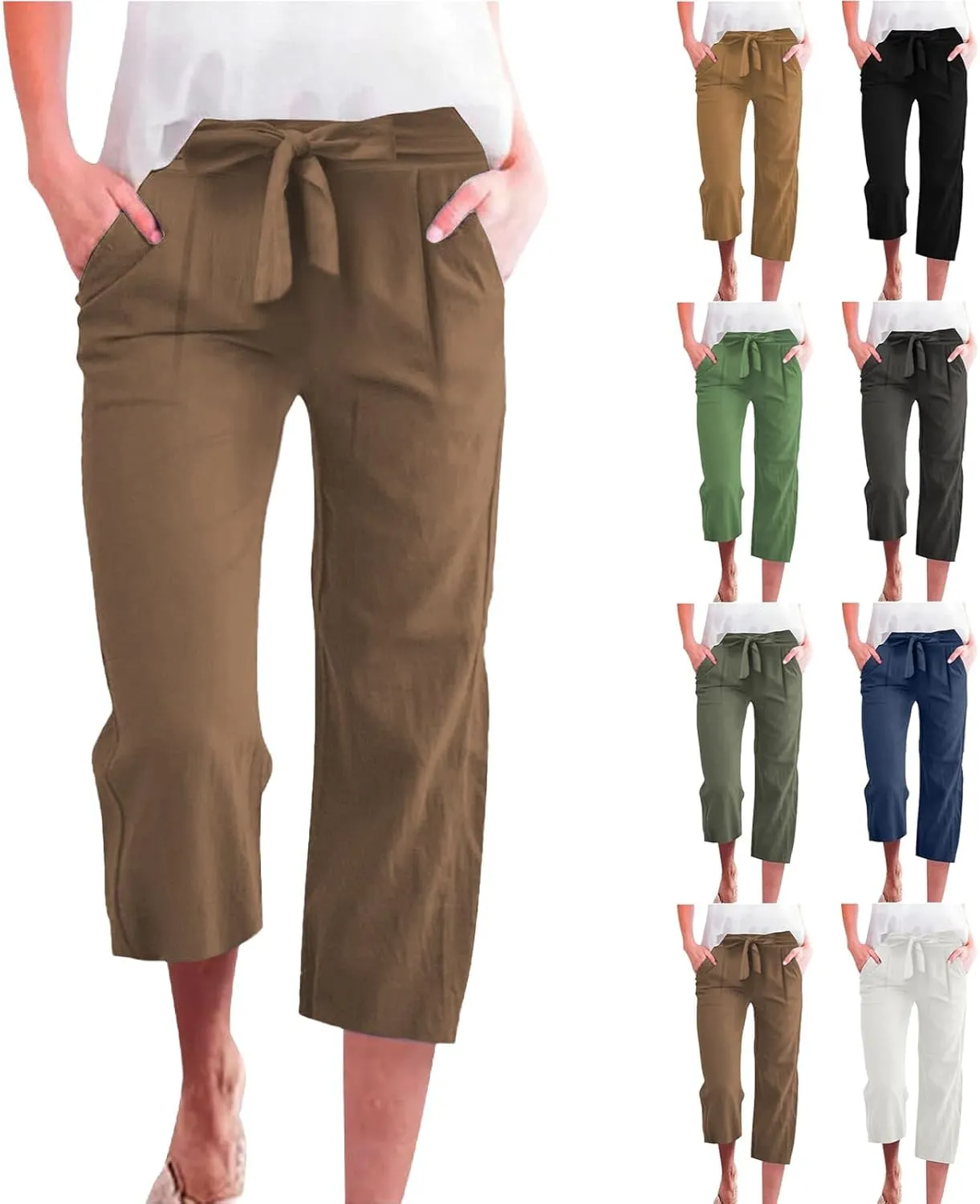 Linen Capris for Women Plus Size Paperbag High Waisted Crop Wide Leg Pants with Tie Summer Gaucho Pants Beach Outfits
