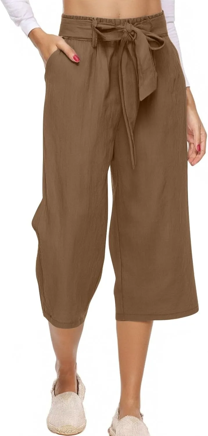 Linen Capris for Women Plus Size Paperbag High Waisted Crop Wide Leg Pants with Tie Summer Gaucho Pants Beach Outfits