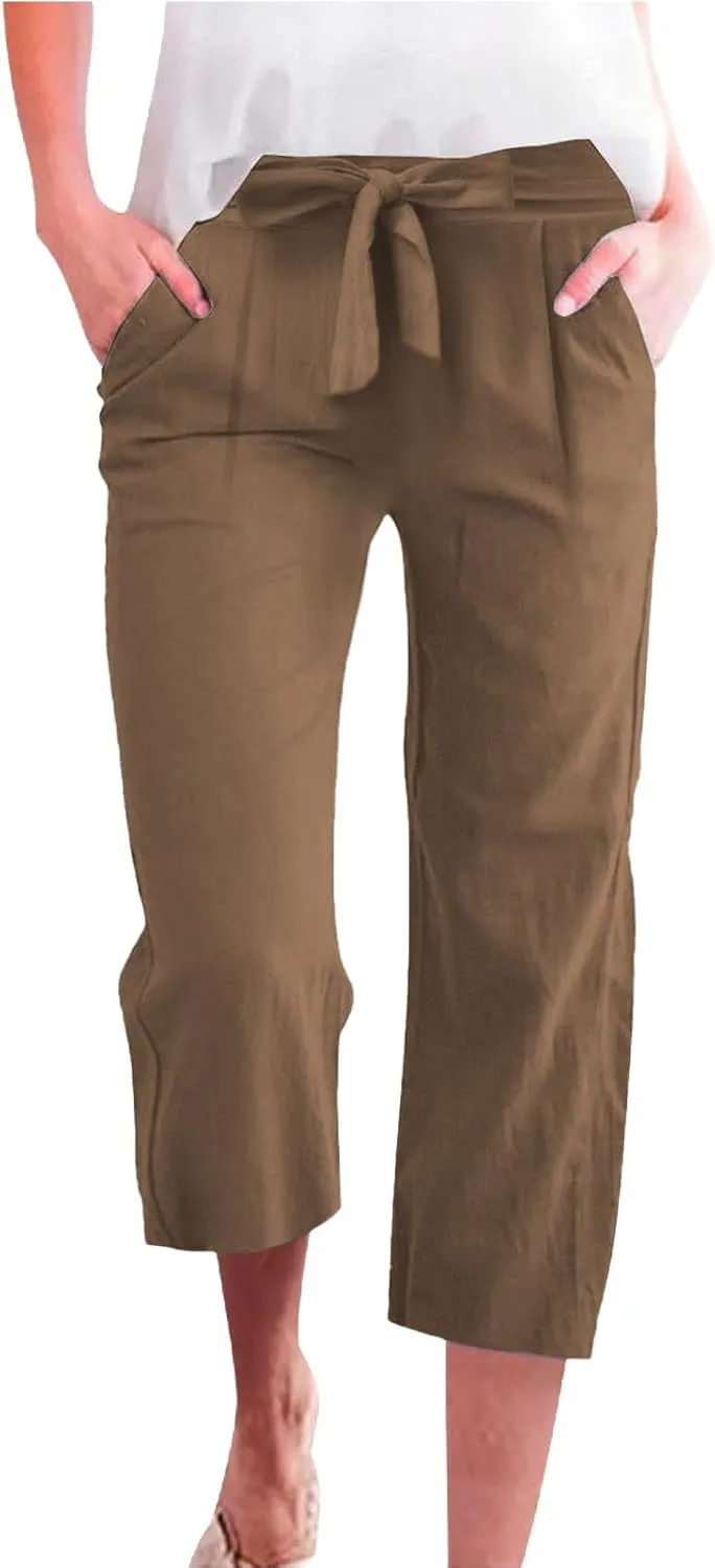 Linen Capris for Women Plus Size Paperbag High Waisted Crop Wide Leg Pants with Tie Summer Gaucho Pants Beach Outfits