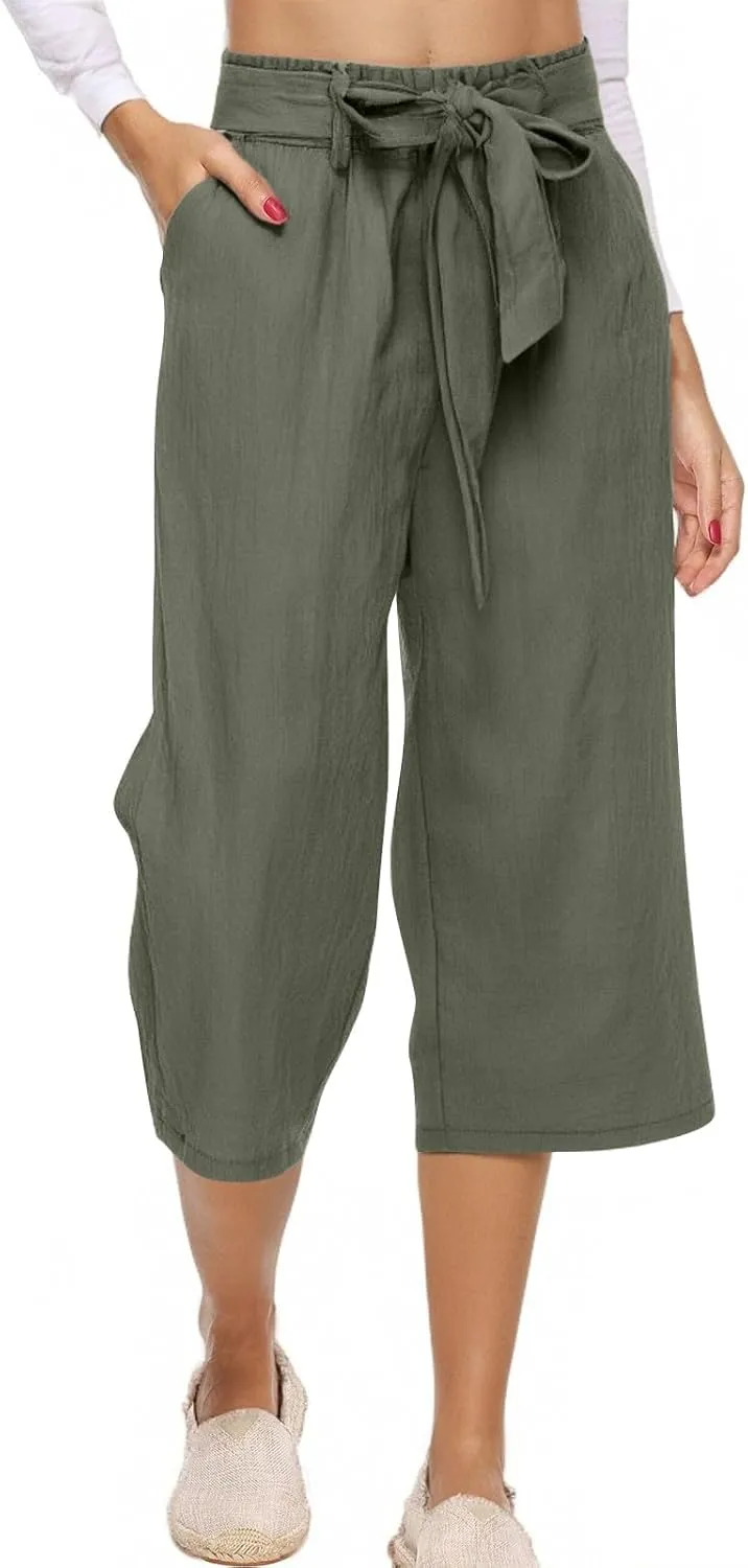Linen Capris for Women Plus Size Paperbag High Waisted Crop Wide Leg Pants with Tie Summer Gaucho Pants Beach Outfits