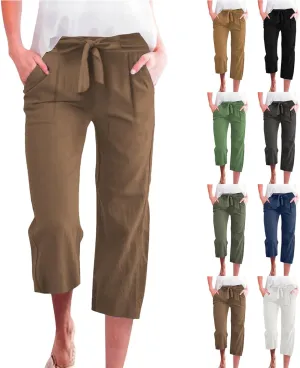 Linen Capris for Women Plus Size Paperbag High Waisted Crop Wide Leg Pants with Tie Summer Gaucho Pants Beach Outfits