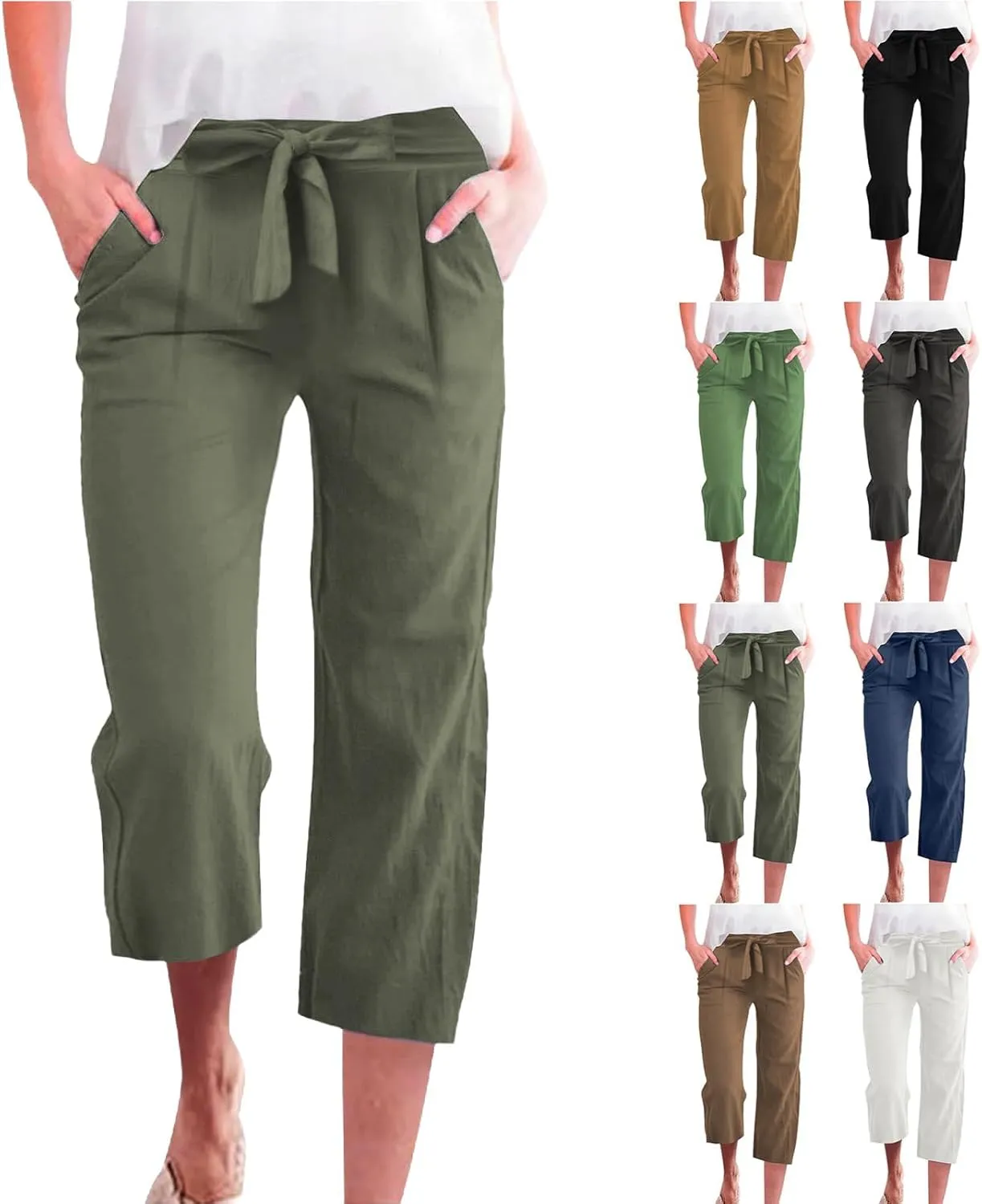 Linen Capris for Women Plus Size Paperbag High Waisted Crop Wide Leg Pants with Tie Summer Gaucho Pants Beach Outfits