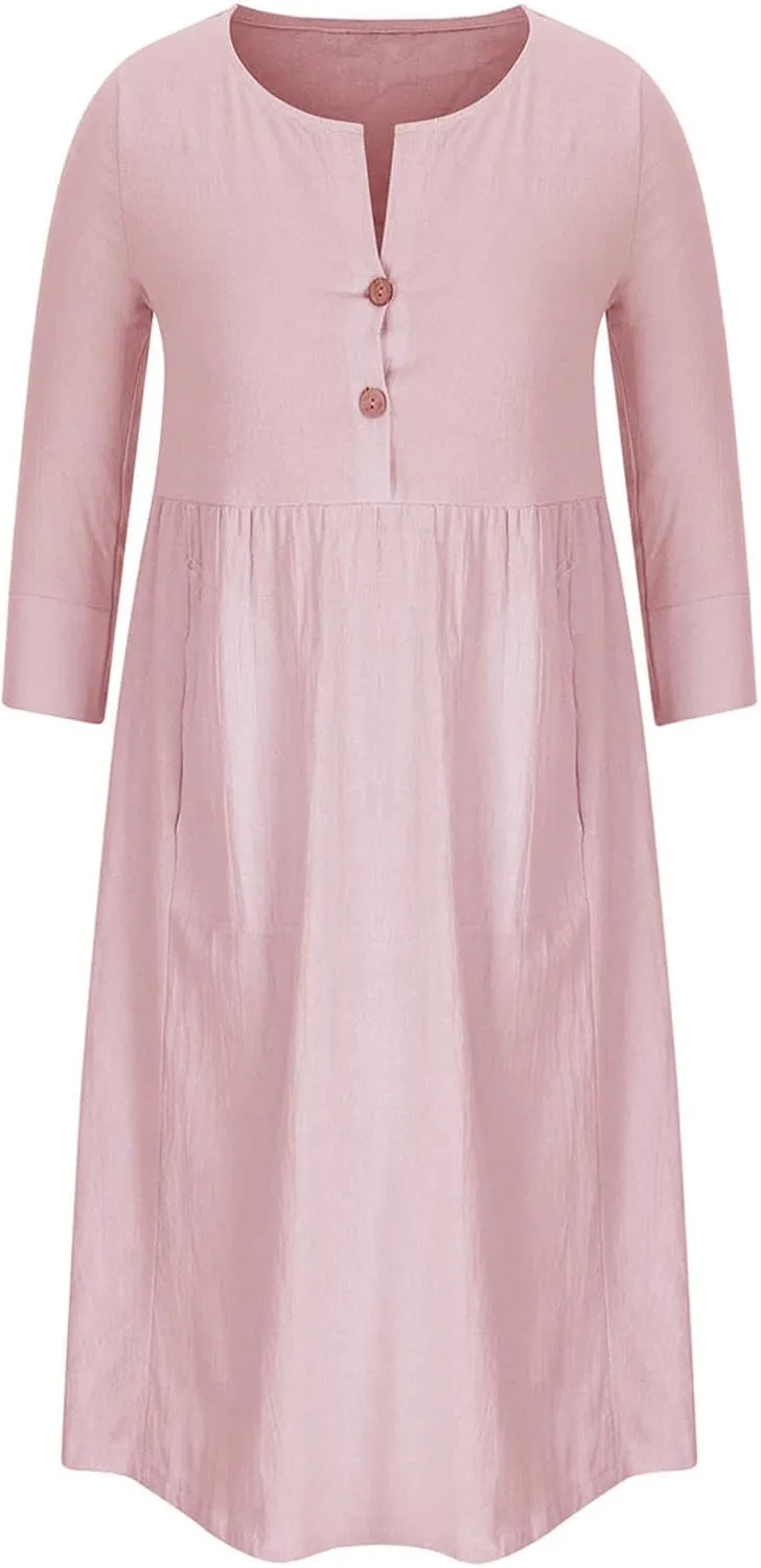 Linen Dresses for Women 2025 Casual Loose Shift Tunic Round Neck 3/4 Sleeve Dress Solid Color Basic Breathable Dress