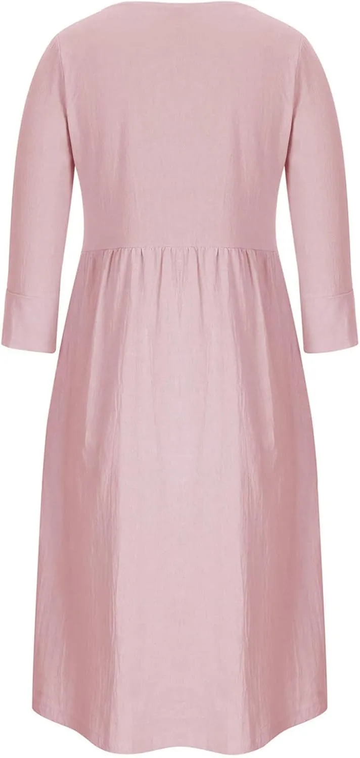 Linen Dresses for Women 2025 Casual Loose Shift Tunic Round Neck 3/4 Sleeve Dress Solid Color Basic Breathable Dress