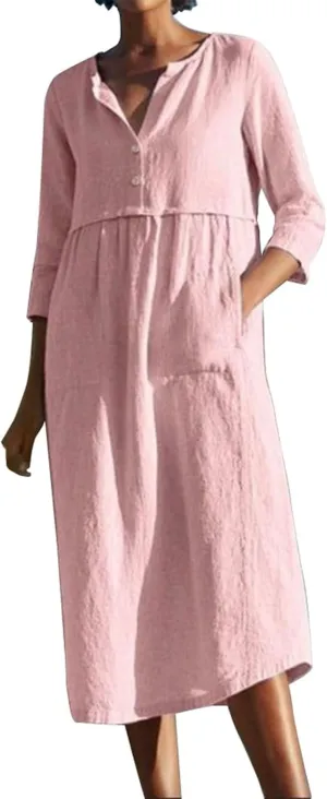 Linen Dresses for Women 2025 Casual Loose Shift Tunic Round Neck 3/4 Sleeve Dress Solid Color Basic Breathable Dress