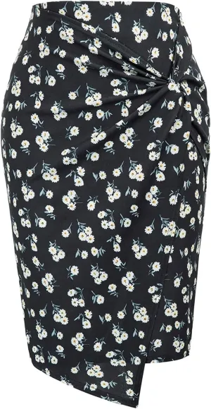 Long Flowy Skirts for Women Trendy Boha Floral Print Tummy Control Slim High Elastic Waist Casual Skirts with Slit