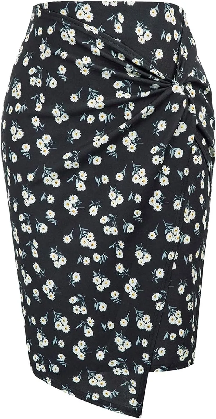Long Flowy Skirts for Women Trendy Boha Floral Print Tummy Control Slim High Elastic Waist Casual Skirts with Slit