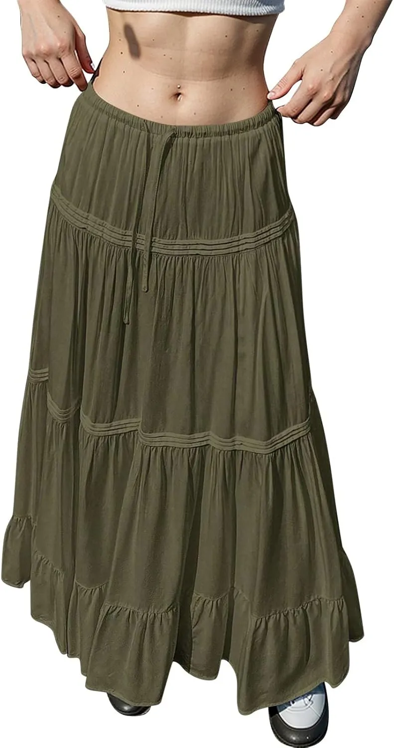 Long Skirts for Women Trendy Drawstring Waisted Flowy Tiered Linen Skirt Summer Pleated Ruffle A-Line Maxi Skirts