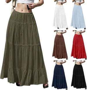 Long Skirts for Women Trendy Drawstring Waisted Flowy Tiered Linen Skirt Summer Pleated Ruffle A-Line Maxi Skirts