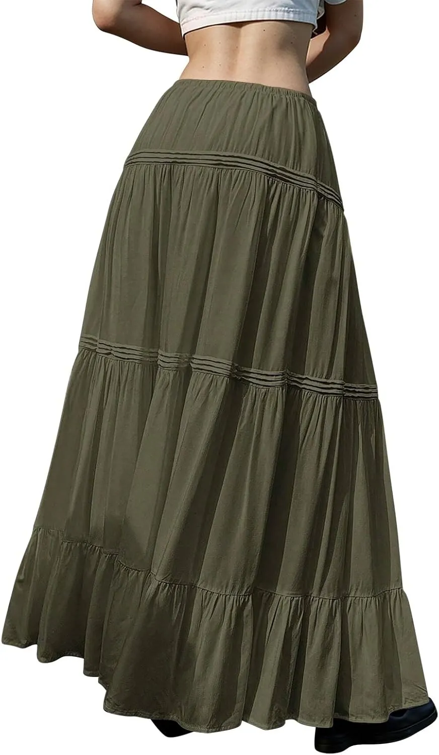 Long Skirts for Women Trendy Drawstring Waisted Flowy Tiered Linen Skirt Summer Pleated Ruffle A-Line Maxi Skirts
