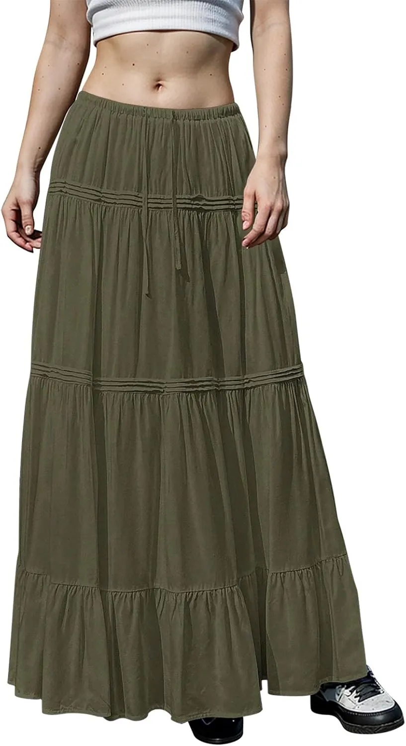 Long Skirts for Women Trendy Drawstring Waisted Flowy Tiered Linen Skirt Summer Pleated Ruffle A-Line Maxi Skirts