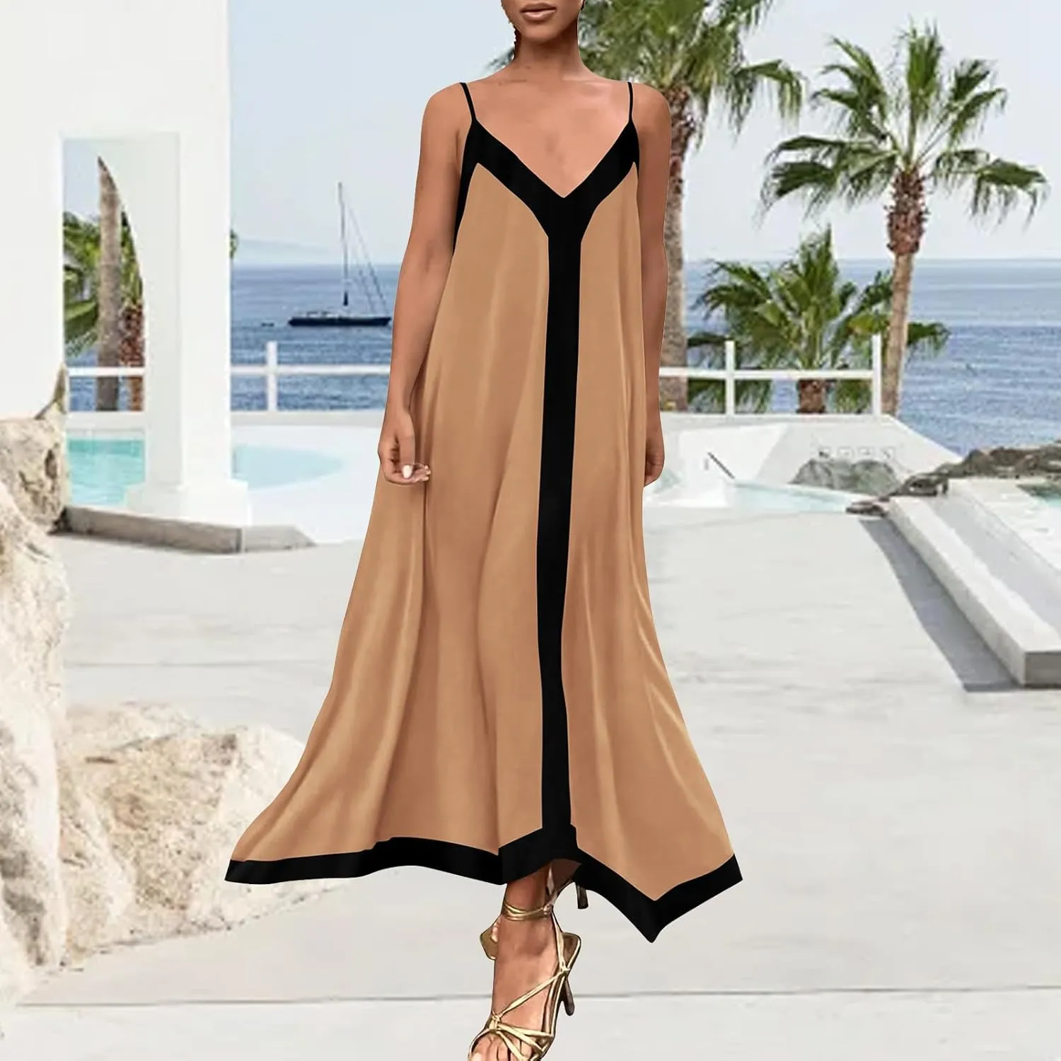 Maxi Dresses for Women Summer Casual Long Dress V Neck Spaghetti Strap Flowy Holiday Party Dresses Beach Sundress