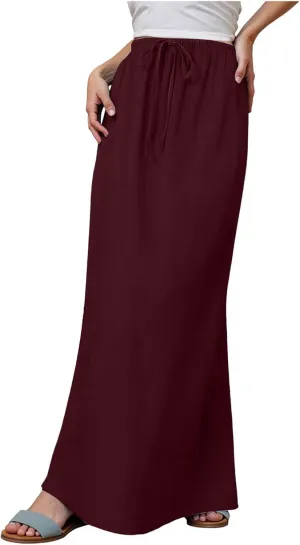 Maxi Skirts for Women Casual,Cotton Linen Skirts for Women Summer Drawstring Low Rise A-Line Loose Flowy Beach Skirt