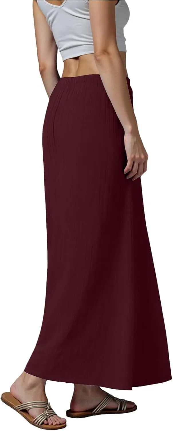 Maxi Skirts for Women Casual,Cotton Linen Skirts for Women Summer Drawstring Low Rise A-Line Loose Flowy Beach Skirt