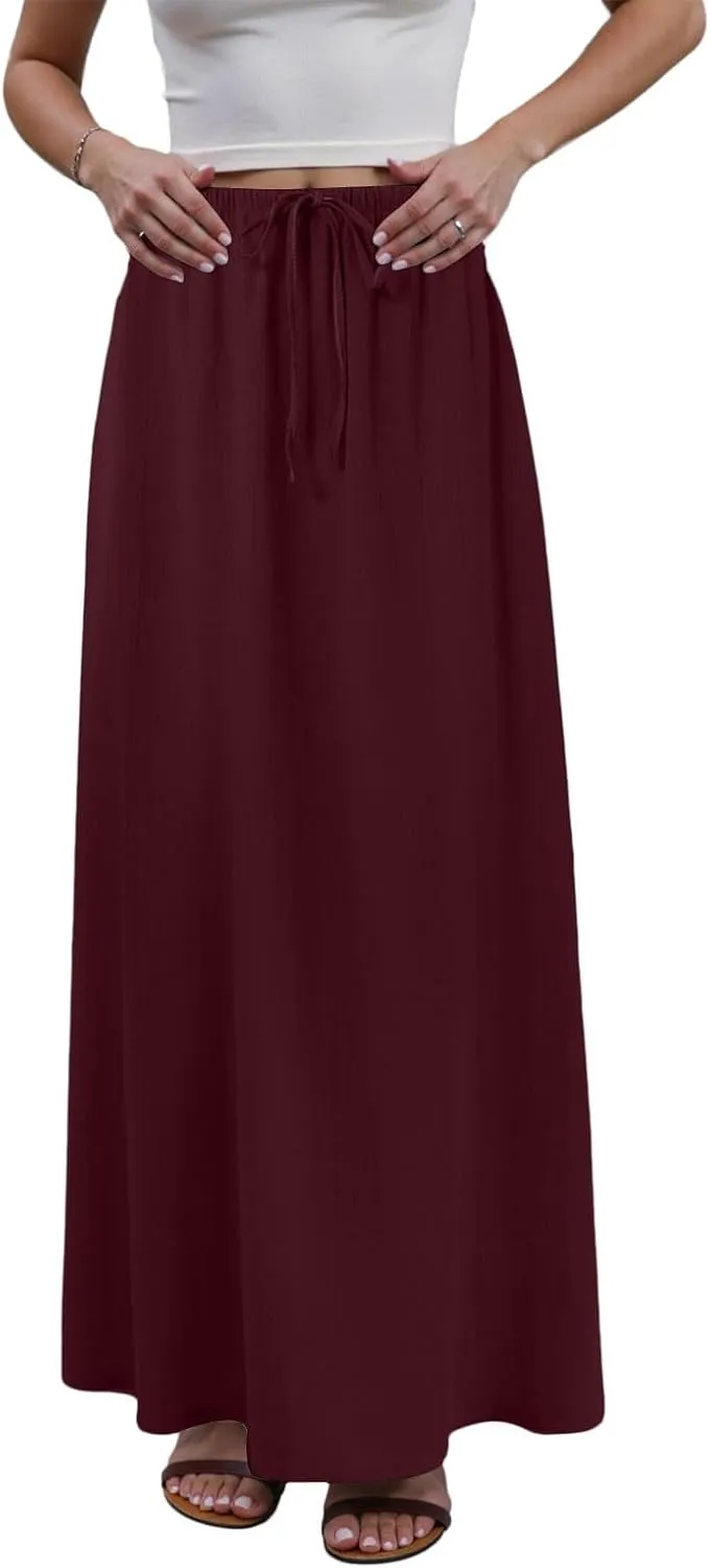 Maxi Skirts for Women Casual,Cotton Linen Skirts for Women Summer Drawstring Low Rise A-Line Loose Flowy Beach Skirt