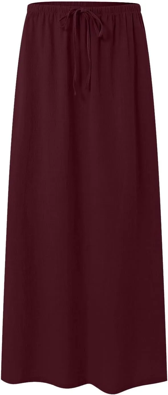 Maxi Skirts for Women Casual,Cotton Linen Skirts for Women Summer Drawstring Low Rise A-Line Loose Flowy Beach Skirt