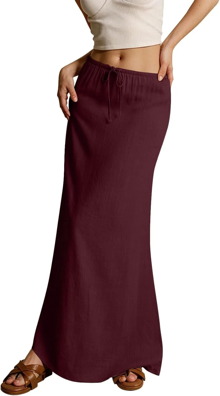 Maxi Skirts for Women Casual,Cotton Linen Skirts for Women Summer Drawstring Low Rise A-Line Loose Flowy Beach Skirt