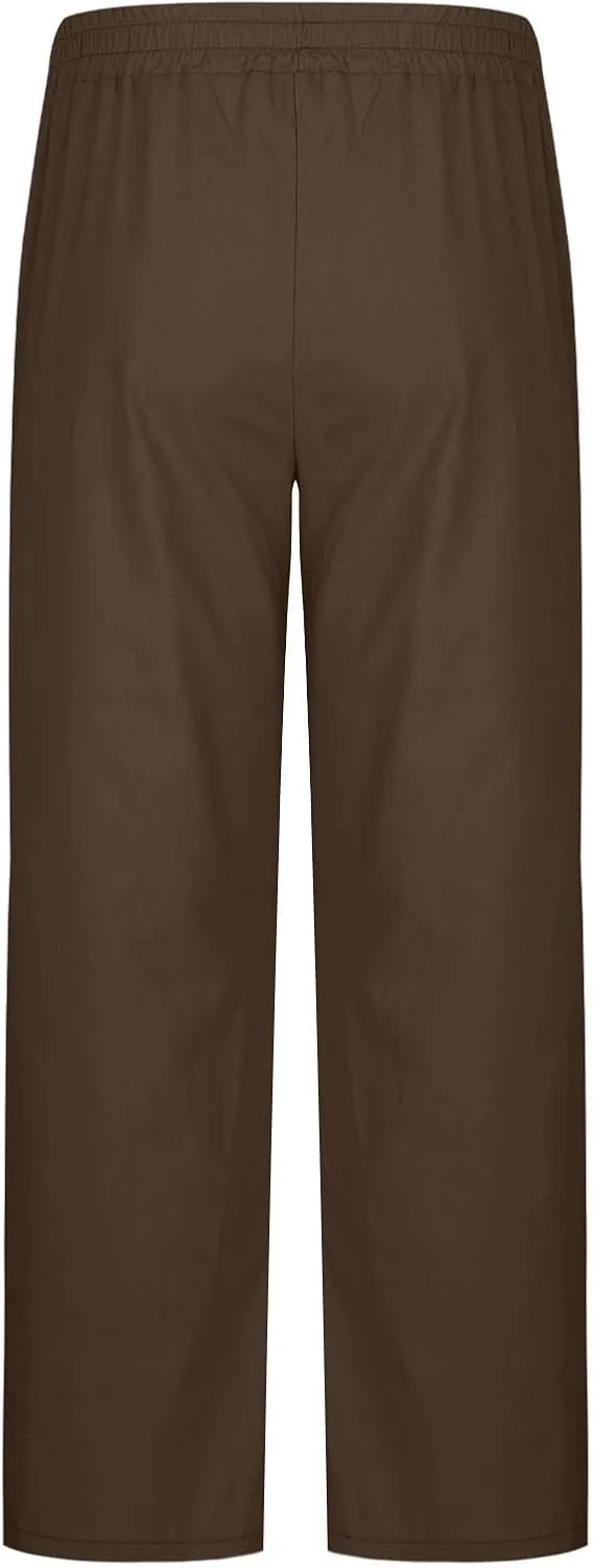 Mens Casual Cotton Linen Pants Wide Leg Baggy Trousers Men Fashion Loose Fit Elastic Waist Yoga Pants Lounge Outfits
