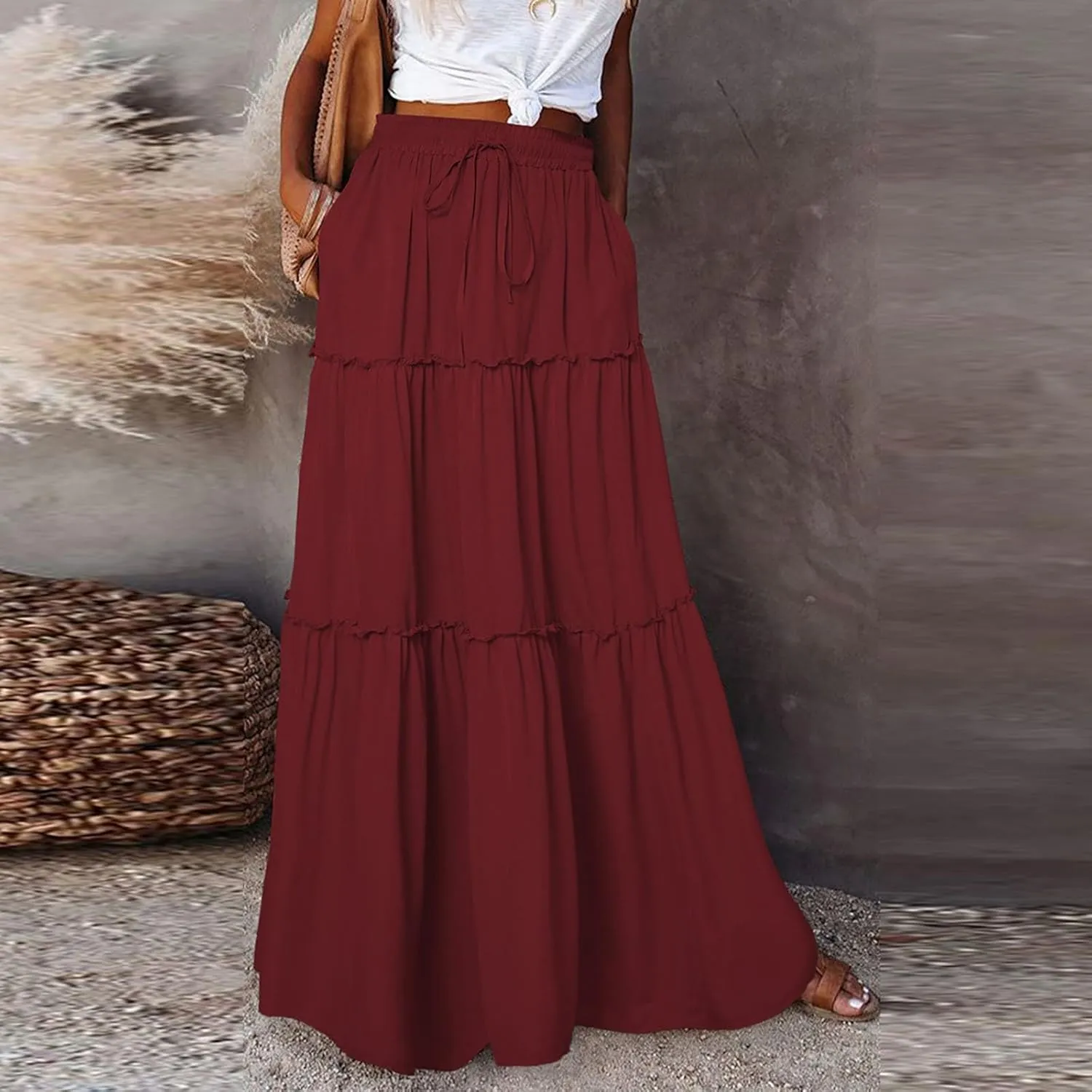 midelxp Flowy Maxi Skirts for Women Summer High Waisted Tiered Long Skirts Ladies Cute Lightweight Loose Beach Pleated Skirts