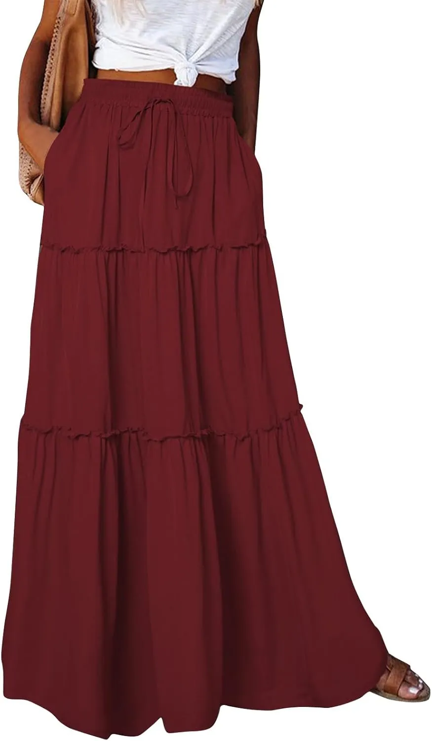 midelxp Flowy Maxi Skirts for Women Summer High Waisted Tiered Long Skirts Ladies Cute Lightweight Loose Beach Pleated Skirts