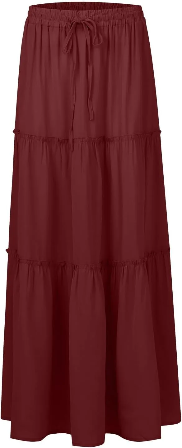 midelxp Flowy Maxi Skirts for Women Summer High Waisted Tiered Long Skirts Ladies Cute Lightweight Loose Beach Pleated Skirts